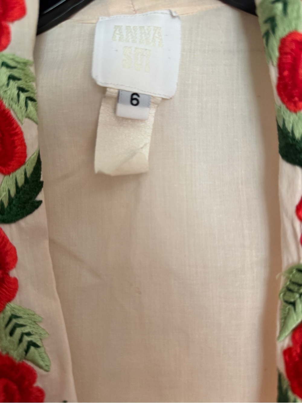 RARE Anna Sui Pale Pink Open-Front Lightweight Jacket with Red Rose Embroidery - Picture 6 of 6